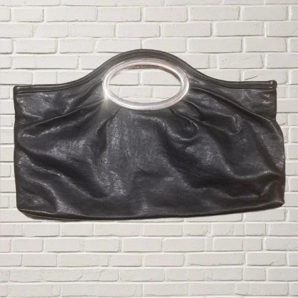 80s Minimalist Purse Black Faux Leather Clutch Bag with Oval Handles – 13x8 - Picture 1 of 2
